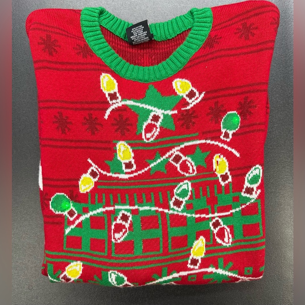 Well Worn Red and Green Holiday Lights Sweater